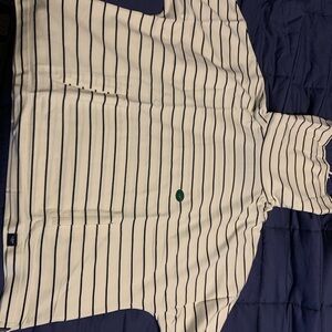 NWT LlBean Striped bone and navy short sleeve turtleneck poncho with pocket